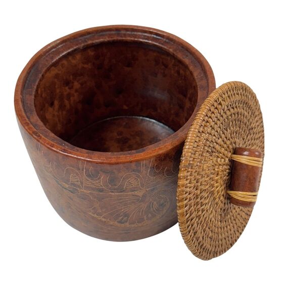 Market Bazaar Stoneware Ceramic Terracotta Canister Woven Lid 5x6.5 Rustic Boho - Picture 2 of 8